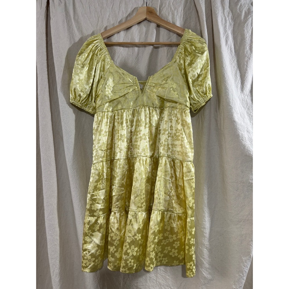 Entro Lemon Yellow‎ Floral Jacquard Mini Dress Puff Sleeve Tiered Babydoll M